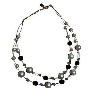 Silver Pearl & Black Stone Necklace